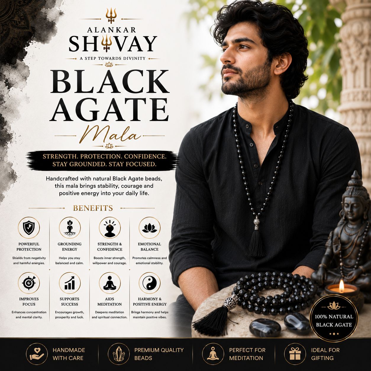BLACK AGATE (HAKIK) MALA (108+1 BEADS)
