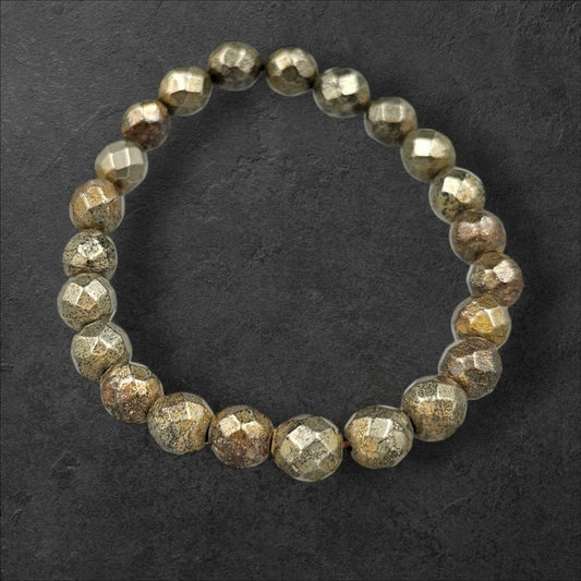 PYRITE STONE BRACELETS (8MM DIAMOND CUT ELASTIC)