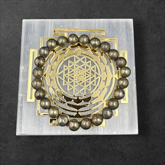 SELENITE PLATE +PYRITE BRACELET 8MM ROUND