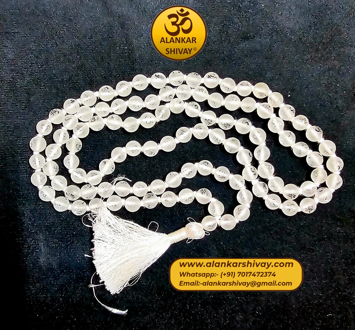 HIMALYAN SPHATIK MALA WITH OM PRINTED ON EACH BEADS (108 +1 BEADS)