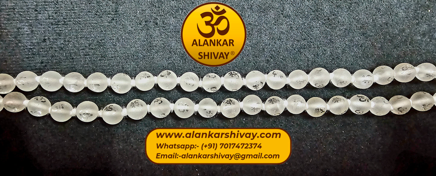 HIMALYAN SPHATIK MALA WITH OM PRINTED ON EACH BEADS (108 +1 BEADS)