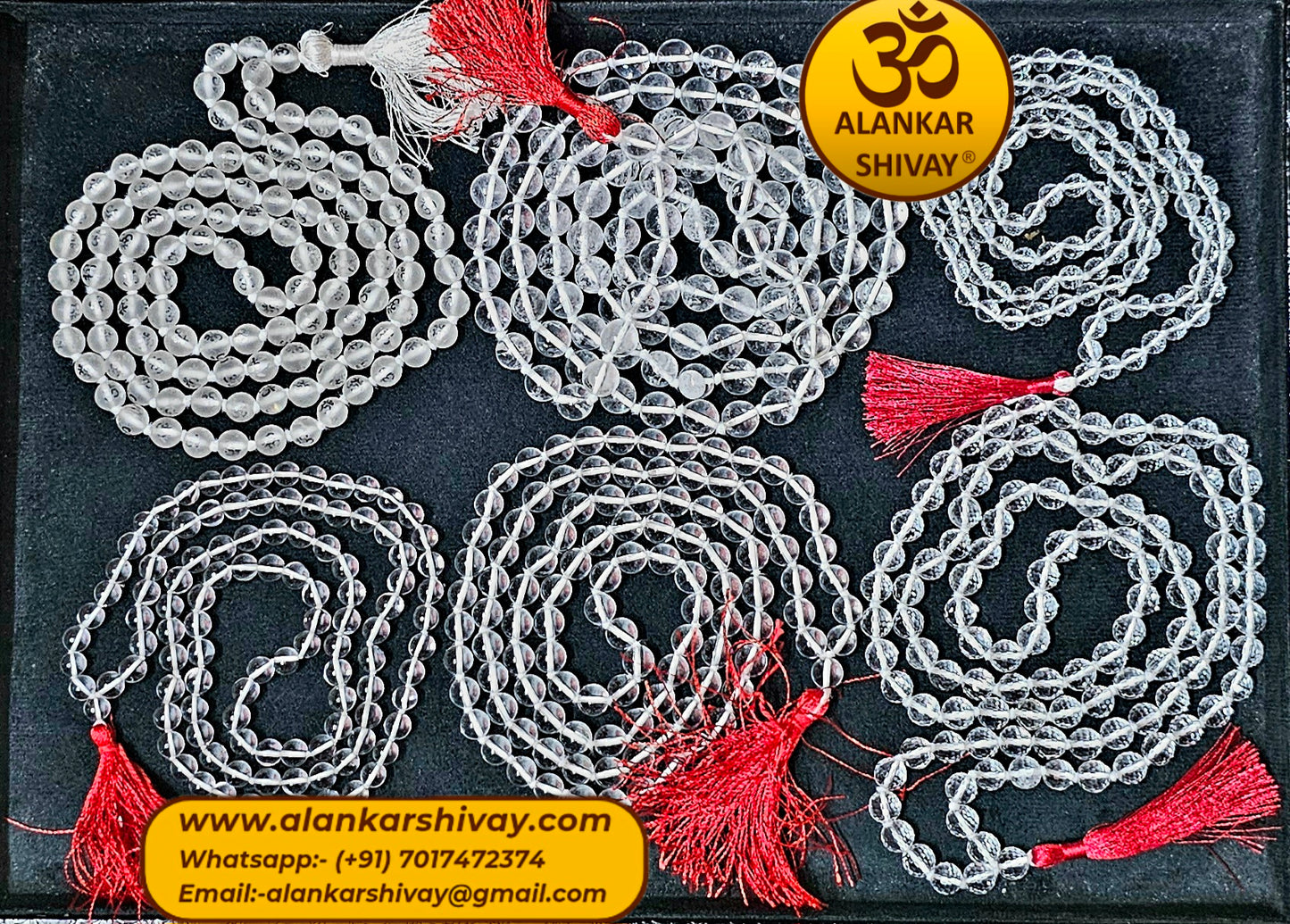 HIMALYAN SPHATIK MALA WITH OM PRINTED ON EACH BEADS (108 +1 BEADS)