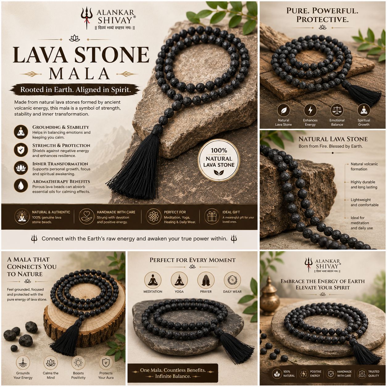 BLACK LAVA STONE MALA (108+1 BEADS)