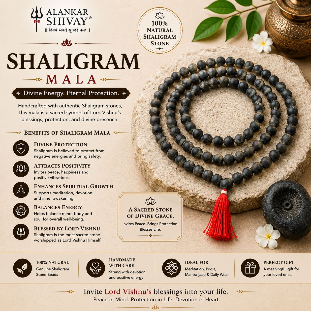 SHALIGRAM MALA(KASAUTI STONE)(108+1 BEADS)