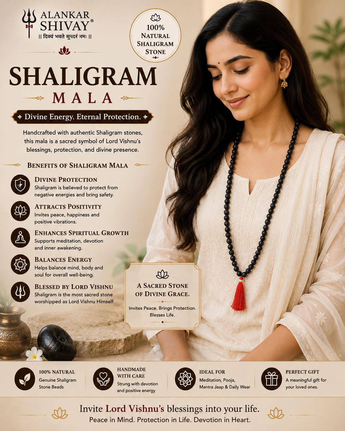 SHALIGRAM MALA(KASAUTI STONE)(108+1 BEADS)